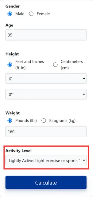 Maintenance Calorie Calculator interface with activity level input field