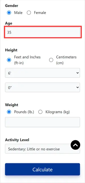 Maintenance Calorie Calculator interface with age input field