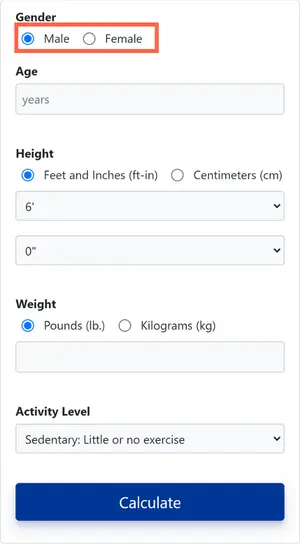 Maintenance Calorie Calculator interface with gender input fields