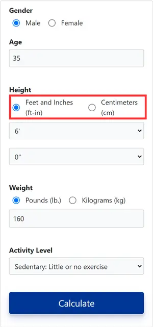 Maintenance Calorie Calculator interface with height input field