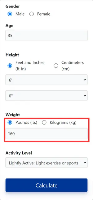 Maintenance Calorie Calculator interface with weight input field