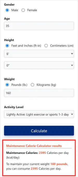 Maintenance Calorie Calculator interface with result output field